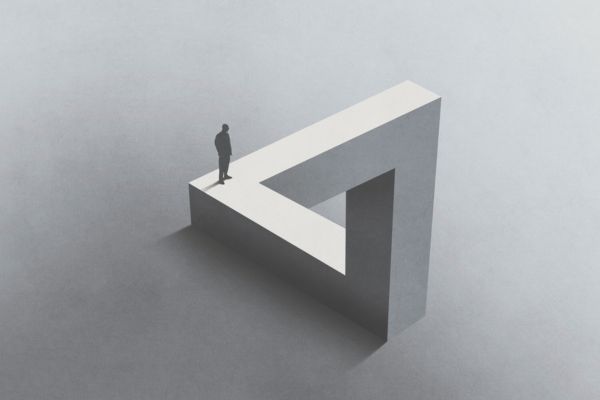 Illustration of a person walking on Penrose triangle, an impossible shape