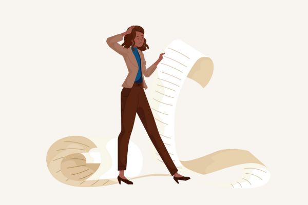 Illustration of a person holding a long list while scratching their head
