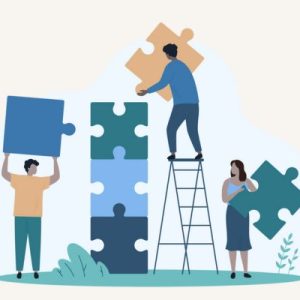 Illustration of a team building a puzzle