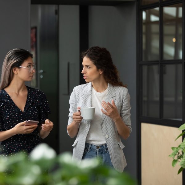 Focused diverse millennial female colleagues stand talk discuss ideas enjoy coffee at workplace, multiethnic young women coworkers speak chat during office work break, collaboration concept