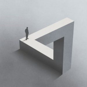 Illustration of a person walking on Penrose triangle, an impossible shape