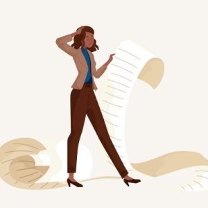 Illustration of a person holding a long list while scratching their head